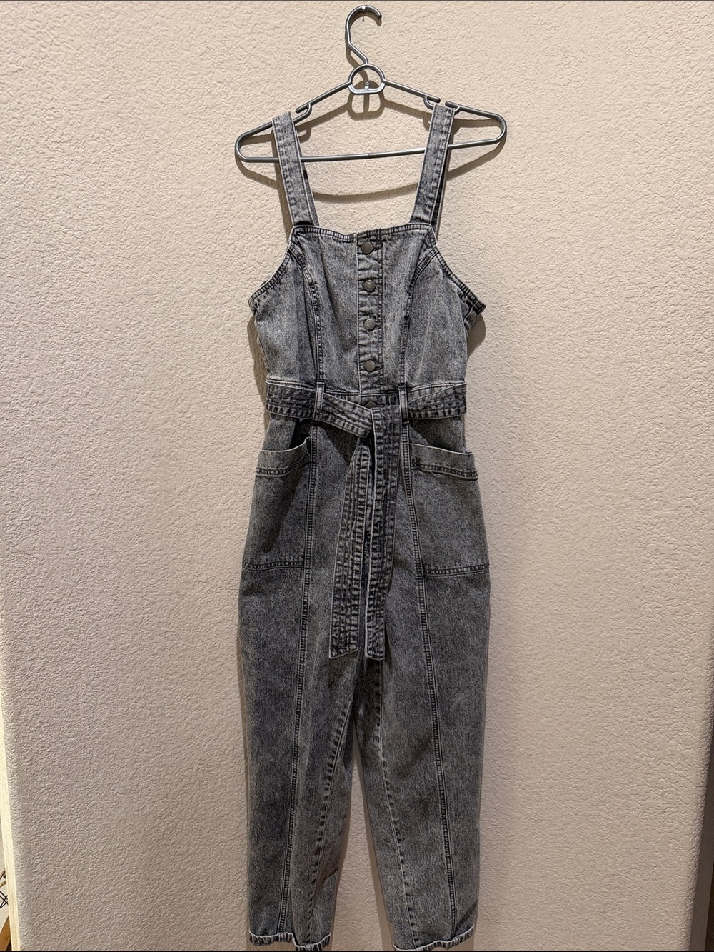 Universal Thread Washed Black Denim Jumpsuit with Tie Belt